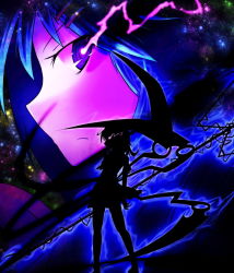 Rule 34 | 1girl, contrapposto, electricity, female focus, full body, glowing, glowing eye, houjuu nue, looking at viewer, profile, purple eyes, sharp (artist), sharp (renweixia), short hair, silhouette, solo, standing, touhou
