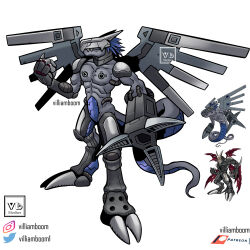 Rule 34 | absurdres, claws, cyberdramon, digimon, digimon (creature), dragon, fusion, gigadramon, highres, original, simple background, white background, wings
