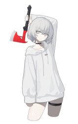 Rule 34 | 1girl, arm at side, arm behind head, arm up, axe, black choker, bright pupils, choker, collarbone, cropped legs, drawstring, grey eyes, grey hair, highres, holding, holding axe, hood, hood down, hoodie, kawara pigeon, long sleeves, looking at viewer, o-ring, o-ring choker, original, parted lips, short hair, simple background, sleeves past wrists, solo, thigh strap, white background, white pupils