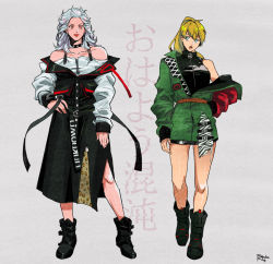 Rule 34 | 2girls, animal print, ankle boots, bare shoulders, belt, black dress, black footwear, blonde hair, blue eyes, boots, breasts, choker, closed mouth, clothes writing, collar, collarbone, cross, dorohedoro, dress, drgryu750, fashion, full body, grey background, grey hair, hand on own hip, heart, highres, legs apart, leopard print, lipstick, long sleeves, looking at viewer, looking away, makeup, multiple girls, nikaidou (dorohedoro), noi (dorohedoro), off shoulder, open mouth, ponytail, red lips, short dress, sideways glance, smile, spiked collar, spikes, standing, turtleneck