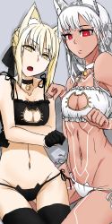 Rule 34 | 10s, 2girls, altera (fate), alternate costume, animal ears, artoria pendragon (all), artoria pendragon (fate), bare arms, bare shoulders, black bra, black nails, black panties, black ribbon, blonde hair, bra, breasts, cat ears, cat lingerie, choker, closed mouth, collarbone, dark-skinned female, dark skin, fate/extella, fate/extra, fate/grand order, fate/stay night, fate (series), full-body tattoo, hair ribbon, headdress, highres, i-pan, lingerie, looking at viewer, meme attire, midriff, multiple girls, nail polish, navel, open mouth, panties, red eyes, ribbon, saber alter, short hair, side-tie panties, simple background, small breasts, tagme, tattoo, thighhighs, thighs, underwear, white bra, white hair, white panties