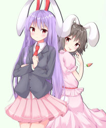 Rule 34 | 2girls, :p, animal ears, back-to-back, black hair, blouse, blue background, blush, carrot necklace, clenched hand, cowboy shot, crossed arms, expressionless, highres, inaba tewi, jacket, jewelry, light purple hair, long hair, long sleeves, looking at viewer, looking back, multiple girls, necklace, necktie, outline, pink shirt, pink skirt, pleated skirt, puffy short sleeves, puffy sleeves, rabbit ears, rabbit girl, rabbit tail, red eyes, red neckwear, reisen udongein inaba, sabana, shirt, short sleeves, simple background, skirt, skirt set, smile, standing, suit jacket, tail, tongue, tongue out, touhou, untucked shirt, very long hair