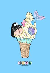 Rule 34 | 1girl, black hair, blue background, blush, closed eyes, dessert, fins, fish tail, food, highres, ice cream, ice cream cone, long hair, original, ponytail, ring 411, shell, simple background, solo, starfish, tail