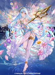 Rule 34 | 1girl, anklet, azura (fire emblem), barefoot, blue hair, blue ribbon, dress, elbow gloves, fire emblem, fire emblem cipher, fire emblem fates, flower, fuzichoco, gloves, holding, holding weapon, jewelry, long hair, nintendo, official art, outdoors, panties, pantyhose, polearm, ribbon, spear, strapless, strapless dress, thighhighs, underwear, veil, walking, walking on liquid, water, weapon, white dress, white veil, yellow eyes