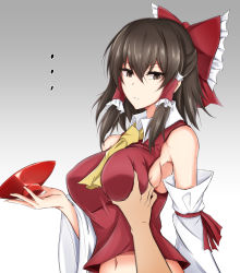 Rule 34 | ..., 1girl, ascot, bare shoulders, bow, grabbing another&#039;s breast, breasts, brown eyes, brown hair, commentary request, cup, detached sleeves, frills, grabbing, gradient background, grey background, hair between eyes, hair bow, hair tubes, hakurei reimu, hetero, highres, holding, holding cup, large breasts, long sleeves, looking at viewer, medium hair, navel, parted lips, red bow, sakazuki, sidelocks, solo focus, touhou, upper body, watarase piro, white background, wide sleeves, yellow ascot