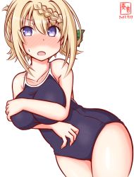 Rule 34 | 1girl, artist logo, blonde hair, blue one-piece swimsuit, blush, braid, braided bangs, braided bun, breasts, commentary request, competition school swimsuit, cowboy shot, dated, hair bun, kanon (kurogane knights), kantai collection, large breasts, leaning forward, long hair, nose blush, one-hour drawing challenge, one-piece swimsuit, perth (kancolle), purple eyes, school swimsuit, simple background, solo, swimsuit, white background