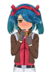 Rule 34 | 10s, 1girl, aqua hair, arisa gunhale, belt, black gloves, blush, breasts, breasts squeezed together, gloves, gundam, gundam age, hair over one eye, hairband, jacket, kami9998, ribbon, ringed eyes, simple background, solo, two side up, wavy mouth, yellow eyes