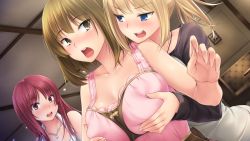Rule 34 | 3girls, apron, blonde hair, blue eyes, grabbing another&#039;s breast, breasts, brown eyes, brown hair, grabbing, groping, hannah (negligee), jasmin (negligee), jewelry, large breasts, long hair, multiple girls, necklace, negligee (game), open mouth, red eyes, red hair, ribbon, short hair, smile, sophie (negligee), surprised, tagme