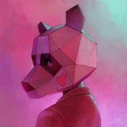 Rule 34 | 1other, ambiguous gender, bear mask, commentary request, heart, highres, jacket, junya17live, kakumei no panda, mask, multicolored background, other focus, portrait, profile, signature, solo