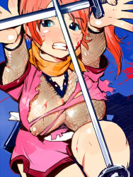 Rule 34 | breasts, cleavage, fishnet top, fishnets, igarashi mangou, large breasts, ninja, nipples, original, red hair, solo, sword, torn clothes, weapon