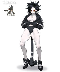 Rule 34 | 1girl, absurdres, black hair, breasts, cleavage, colored sclera, colored skin, earrings, gorirat, highres, hoop earrings, jewelry, large breasts, legs, looking at viewer, navel, open clothes, pal (creature), pale skin, palworld, personification, presenting, red eyes, shoes, simple background, sneakers, solo, tail, white background, white skin, wonbin lee, yellow sclera