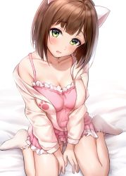 Rule 34 | 1girl, animal ears, bare shoulders, blush, bobby socks, breasts, brown hair, camisole, cardigan, cat ears, cleavage, collarbone, green eyes, highres, idolmaster, idolmaster cinderella girls, legs, looking at viewer, maekawa miku, medium breasts, off shoulder, on bed, open cardigan, open clothes, open mouth, paw print, pink camisole, short hair, sitting, socks, solo, sweater, swept bangs, takeashiro, thighs, wariza, white background, white sweater