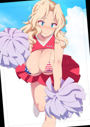 Rule 34 | 1girl, american flag bikini, american flag print, areola slip, bikini, blonde hair, blue eyes, blue sky, blush, breasts, cheerleader, cleavage, closed mouth, cloud, collarbone, commentary request, covered erect nipples, crop top, day, embarrassed, flag print, girls und panzer, highres, holding, holding pom poms, kay (girls und panzer), large breasts, long hair, looking at viewer, micro bikini, nakamura yukitoshi, outdoors, pleated skirt, pom pom (cheerleading), pom poms, print bikini, red shirt, red skirt, shirt, skirt, sky, solo, standing, standing on one leg, swimsuit, viewfinder, wavy hair
