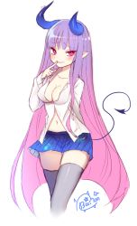 Rule 34 | 1girl, arm behind back, bad id, bad twitter id, blush, breasts, byulzzi, cleavage, cropped legs, demon girl, demon tail, finger to mouth, grey thighhighs, highres, horns, long hair, miniskirt, navel, open clothes, open shirt, original, pink eyes, pleated skirt, pointy ears, purple hair, shirt, signature, simple background, skirt, smile, solo, tail, thighhighs, very long hair, white background