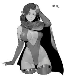 Rule 34 | 1girl, absurdres, breasts, cape, center opening, commentary, cropped legs, elbow gloves, fingerless gloves, gloves, greyscale, hand in own hair, highleg, highleg leotard, highres, leotard, less, looking at viewer, medium breasts, monochrome, navel, original, pointy ears, simple background, single glove, single sleeve, solo, thighhighs, white background