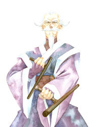 Rule 34 | 1boy, bad id, bad pixiv id, beard, dual wielding, facial hair, highres, holding, japanese clothes, littlemuse, male focus, mustache, okina (rurouni kenshin), painting (medium), rurouni kenshin, solo, squinting, tonfa, traditional media, watercolor (medium), weapon, white background, white hair, yellow eyes