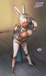 Rule 34 | 1girl, absurdres, animal ears, armor, boots, breasts, cape, cleavage, closed mouth, commentary request, commission, dark-skinned female, dark skin, final fantasy, final fantasy xiv, fujii eishun, full body, garrison cap, gloves, grey eyes, hair over one eye, hat, highres, knee boots, leaning forward, lips, long sleeves, looking at viewer, medium breasts, pants, rabbit ears, short hair, shoulder armor, signature, skeb commission, solo, viera, white hair, wooden floor