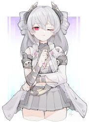 Rule 34 | 1girl, ;q, absurdres, closed mouth, cropped legs, drill hair, earrings, error1980, grey hair, grey jacket, grey skirt, hair between eyes, headgear, highres, honkai (series), honkai impact 3rd, jacket, jewelry, joints, long hair, looking at viewer, one eye closed, open clothes, open jacket, pleated skirt, prometheus (honkai impact), red eyes, robot joints, skirt, solo, tongue, tongue out, twin drills