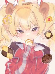 Rule 34 | :t, ahoge, blonde hair, blue archive, blush, brown eyes, checkerboard cookie, chocolate chip cookie, cookie, eating, food, food on face, hair ribbon, highres, holding, holding food, jacket, red jacket, ribbon, sk39z, thumbprint cookie, track jacket, twintails, yoshimi (blue archive)