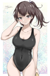 Rule 34 | 1girl, alternate costume, artist name, black one-piece swimsuit, blush, border, breasts, brown eyes, brown hair, cowboy shot, dated, gakky, gluteal fold, highres, kaga (kancolle), kantai collection, large breasts, multicolored background, one-piece swimsuit, short hair, side ponytail, swimsuit, towel, white border