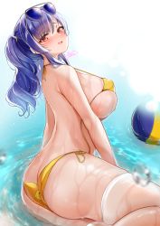 Rule 34 | 1girl, ass, azur lane, ball, bare arms, bare shoulders, beachball, bikini, blue hair, blush, breasts, butt crack, covered erect nipples, eyewear on head, from side, highres, in water, large breasts, long hair, looking at viewer, neco meito, official alternate costume, open mouth, outdoors, pola (azur lane), pola (seaside coincidence) (azur lane), red eyes, sideboob, smile, solo, swimsuit, thighhighs, thighs, twintails, underboob, water, wet, white thighhighs, yellow bikini