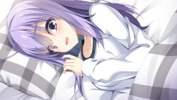 Rule 34 | 1girl, aria (koiiroharemoyou), blush, collarbone, commentary request, eyelashes, eyes visible through hair, furrowed brow, hair between eyes, hand up, head on pillow, highres, ise kotori, light purple hair, light smile, long hair, long sleeves, looking at viewer, lying, on back, on side, open mouth, paid reward available, pajamas, purple eyes, riddle joker, sidelocks, solo, under covers, upper body, variant set, white pajamas