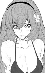 1girl bow bra breasts cleavage collarbone freckles from_above greyscale hair_bow highres ishmael_(project_moon) large_breasts limbus_company long_hair looking_at_viewer monochrome nb8c project_moon sidelocks simple_background solo sweat underwear very_long_hair