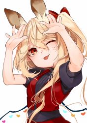 Rule 34 | 1girl, ;d, alternate costume, animal ears, bad id, bad pixiv id, bare arms, blonde hair, bow, commentary request, fangs, flandre scarlet, gotou (nekocat), hair between eyes, hair bow, hands up, heart, highres, kemonomimi mode, long hair, looking at viewer, one eye closed, open mouth, puffy short sleeves, puffy sleeves, rabbit ears, red bow, red eyes, short sleeves, side ponytail, simple background, smile, solo, star (symbol), tongue, tongue out, touhou, upper body, vest, white background, wings