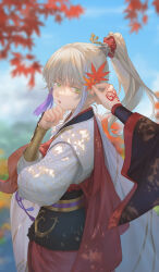 Rule 34 | 2boys, archer (fate/samurai remnant), arm guards, autumn, autumn leaves, blonde hair, blue sky, blurry, chinese clothes, chinese hairpin, command spell, depth of field, fate/samurai remnant, fate (series), grey hair, hair ornament, hand on own chin, hanfu, high ponytail, holding, holding leaf, keclpshvli, leaf, maple leaf, multicolored hair, multiple boys, red robe, robe, sky, solo focus, streaked hair, tassel, tassel hair ornament, xiao guan (headdress), yellow eyes, zheng chenggong (fate)