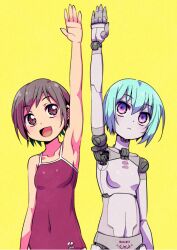 Rule 34 | 2girls, :d, aqua hair, arm at side, arm up, breasts, brown eyes, brown hair, commentary, covered navel, expressionless, joints, mecha musume, multiple girls, one-piece swimsuit, open mouth, original, purple eyes, robot girl, robot joints, short hair, small breasts, smile, swimsuit, tommy region, yellow background