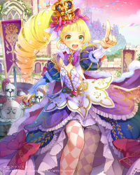 Rule 34 | 1girl, argyle, argyle clothes, argyle legwear, armor, asymmetrical legwear, blonde hair, blunt bangs, bow, bowtie, castle, cocorip, copyright name, crown, dated, drill hair, frilled skirt, frills, green eyes, juliet sleeves, knight, long sleeves, mismatched legwear, open mouth, original, outdoors, overskirt, pantyhose, patterned legwear, pointing, ponytail, princess, puffy sleeves, skirt, solo focus, uneven legwear