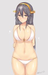 Rule 34 | 10s, 1girl, 2016, arms behind back, bare shoulders, bikini, black hair, blush, breasts, cleavage, cowboy shot, dated, hairband, haruna (kancolle), headgear, highres, kantai collection, kuavera, large breasts, light smile, looking at viewer, navel, shy, signature, simple background, solo, stomach, swimsuit, thighs, yellow eyes