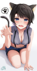 Rule 34 | 1girl, absurdres, all fours, animal ears, black hair, blue eyes, blue shorts, blush, bow, breasts, brown hair, cat ears, cat tail, cleavage, cropped shirt, fang, grey shirt, highres, hololive, kemonomimi mode, looking at viewer, medium breasts, navel, official alternate costume, oozora subaru, oozora subaru (1st costume), oozora subaru (work), open mouth, paw pose, shirt, short hair, shorts, skin fang, solo, spoken paw, striped clothes, striped shirt, suspender shorts, suspenders, swept bangs, tail, tihirowo, vertical-striped clothes, vertical-striped shirt, virtual youtuber