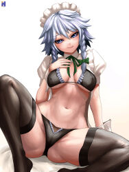 Rule 34 | 1girl, blue eyes, braid, breasts, cameltoe, covered erect nipples, frills, hand on own chest, head tilt, highres, izayoi sakuya, large breasts, light smile, looking at viewer, maid headdress, navel, shrug (clothing), simple background, sitting, solo, spread legs, swwhenry, thighhighs, touhou, twin braids, white background