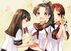 Rule 34 | 10s, 3girls, ayanami (kancolle), bad id, bad pixiv id, black hair, blunt bangs, blush, brown eyes, brown hair, girl sandwich, hair ribbon, hatsuyuki (kancolle), kantai collection, long hair, multiple girls, nunucco, open mouth, personification, pleated skirt, ponytail, ribbon, sandwiched, school uniform, serafuku, shikinami (kancolle), shirayuki (kancolle), short hair, short sleeves, side ponytail, skirt, tears, triangle mouth, twintails, wavy mouth