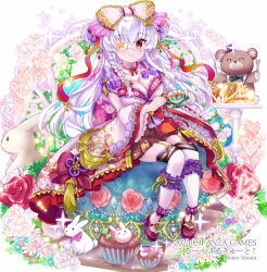 Rule 34 | 1girl, animal, bow, breasts, brown skirt, character request, cleavage, closed mouth, commentary request, commission, cup, cupcake, eyepatch, floral background, flower, food, fork, frilled sleeves, frills, fruits fulcute!, full body, hair between eyes, hair bow, heart, high heels, highres, hinata momo, holding, holding cup, holding saucer, in food, japanese clothes, kimono, knife, long sleeves, macaron, medium breasts, pantyhose, pink flower, pink kimono, pink rose, pleated skirt, purple footwear, rabbit, red eyes, rose, saucer, shoes, simple background, sitting, skirt, smile, solo, sparkle, stuffed animal, stuffed toy, teacup, teddy bear, white background, white bow, white flower, white hair, white pantyhose, white rose, wide sleeves