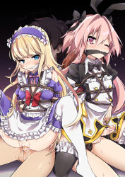 Rule 34 | 2boys, 2girls, anal, artist request, astolfo (fate), black ribbon, blonde hair, blue eyes, blush, breasts, censored, chevalier d&#039;eon (fate), crossdressing, dildo, fate/grand order, fate (series), fujimaru ritsuka (female), fujimaru ritsuka (male), gag, hair ribbon, highres, long hair, male focus, male penetrated, multiple boys, multiple girls, one eye closed, pegging, penis, pink hair, purple eyes, pussy, restrained, ribbon, sex, sex toy, skirt, small breasts, strap-on, tears, testicles, thighhighs, trap
