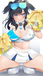 Rule 34 | 1girl, absurdres, animal ears, bare shoulders, black hair, blue archive, blue eyes, blush, breasts, cheerleader, cleavage, clothes writing, crop top, dog ears, dog girl, eyewear on head, goggles, goggles on head, hair between eyes, halo, hibiki (blue archive), hibiki (cheer squad) (blue archive), highres, holding, holding pom poms, kashiwagi (kashi08w), large breasts, long hair, looking at viewer, midriff, millennium cheerleader outfit (blue archive), miniskirt, navel, panties, pantyshot, pom pom (cheerleading), pom poms, ponytail, shoes, simple background, skirt, sleeveless, sneakers, solo, squatting, sunglasses, sweat, thighs, underwear, white panties, white skirt, yellow halo