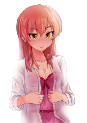 Rule 34 | 10s, 1girl, alternate hairstyle, blush, breasts, cleavage, cleavage cutout, clothing cutout, collarbone, commentary request, cowboy shot, idolmaster, idolmaster cinderella girls, jougasaki mika, long hair, looking at viewer, medium breasts, pajamas, pink hair, simple background, sleeves rolled up, smile, solo, upper body, white background, yasuhito, yellow eyes