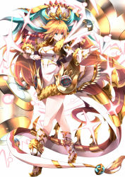 Rule 34 | 1girl, armor, blonde hair, blue eyes, boots, breasts, cleavage, cleavage cutout, clothing cutout, detached collar, dress, faulds, fighting stance, fingerless gloves, full body, gem, gloves, headdress, highres, long hair, makai, platform footwear, platform heels, pointy footwear, puzzle &amp; dragons, sakuya (p&amp;d), shoes, short dress, solo, sparkle, standing