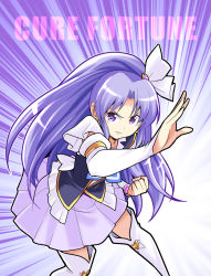 Rule 34 | 10s, 1girl, arm warmers, character name, clenched hand, cure fortune, dress, fighting stance, gradient background, happinesscharge precure!, highres, hikawa iona, long hair, magical girl, ponytail, precure, purple background, purple dress, purple eyes, purple hair, purple skirt, satou yuuki, serious, skirt, solo, thighhighs, white background, white thighhighs, wide ponytail