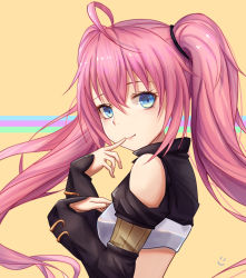 Rule 34 | 1girl, ahoge, bare shoulders, black jacket, blue eyes, commentary request, from side, hair between eyes, hair ornament, highres, jacket, long hair, long sleeves, looking at viewer, milim nava, pink hair, simple background, sleeves past wrists, smile, smiley face, solo, tensei shitara slime datta ken, twintails, upper body, wei xiao, yellow background