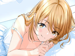 Rule 34 | 1girl, bed, bed sheet, blonde hair, blush, breasts, brown eyes, cleavage, highres, isshiki iroha, long hair, looking at viewer, lying, nightgown, nonbire, on bed, on side, pillow, pov across bed, smile, strap slip, yahari ore no seishun lovecome wa machigatteiru.