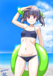 Rule 34 | 1girl, artist name, bikini, blue bikini, blue sky, blunt bangs, blurry, breasts, cloud, collarbone, commentary request, cowboy shot, day, depth of field, green innertube, green ribbon, grey hair, hair ribbon, highres, innertube, kantai collection, looking at viewer, ooshio (kancolle), outdoors, purple eyes, ribbon, shading eyes, sky, small breasts, smile, smokestack, solo, standing, swim ring, swimsuit, t2r, twintails