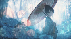 Rule 34 | 1girl, absurdres, bamboo, bamboo forest, black eyes, black hair, blurry, blurry background, closed mouth, commentary request, flower, forest, grey kimono, hair bun, highres, holding, holding umbrella, hydrangea, japanese clothes, kimono, lens flare, looking at viewer, nature, obi, oil-paper umbrella, oka kojiro, original, sash, scenery, short hair, solo, standing, umbrella, wide sleeves
