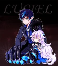 Rule 34 | 1boy, 1girl, bad id, bad pixiv id, bare shoulders, blood, blood on face, blush, chain, ciel (elsword), clawed gauntlets, crown, elsword, frown, horns, luciela r. sourcream, one eye closed, pointy ears, ribbon, sweatdrop, yang38