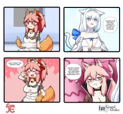 Rule 34 | 3girls, 4koma, :3, :t, alternate costume, animal ear fluff, animal ears, animal hands, apron, bell, black bodysuit, blue ribbon, bodysuit, bow, breasts, cape, capelet, cat ears, cat girl, cat paws, center opening, cleavage, closed mouth, collar, collarbone, comic, cooking, crop top, crop top overhang, dobrynya nikitich (fate), dobrynya nikitich (first ascension) (fate), enmaided, fang, fate/grand order, fate (series), fox ears, fox girl, fox tail, fur-trimmed cape, fur-trimmed capelet, fur-trimmed headwear, fur trim, glasses, gloves, highres, jingle bell, keita naruzawa, koyanskaya (assassin) (first ascension) (fate), koyanskaya (fate), large breasts, low ponytail, maid, maid apron, maid headdress, multiple girls, neck bell, off shoulder, open mouth, paw gloves, paw shoes, pink bow, pink hair, pink ribbon, ponytail, red ribbon, ribbon, side ponytail, speech bubble, square 4koma, tail, tamamo (fate), tamamo cat (fate), tamamo cat (second ascension) (fate), tears, white-framed eyewear, white cape, white capelet, yellow eyes