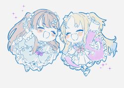 Rule 34 | 2girls, ^ ^, bandaid, bandaid hair ornament, bandaid on leg, blonde hair, blue dress, blue hair, blush stickers, bow, bowtie, brown hair, chibi, chibi only, choker, clenched hands, closed eyes, coat dress, commentary, dress, dress bow, fujishima megumi, gradient hair, hair bow, hair ornament, hand up, heart, heart choker, heart o-ring, highres, light blue hair, limited palette, link! like! love live!, long hair, long sleeves, love live!, mira-cra park!, multicolored hair, multiple girls, open mouth, osawa rurino, parted bangs, pink dress, pleated dress, purple bow, raised fist, red bow, red bowtie, redrawn, shin (shnnnnrn1), short sleeves, simple background, slippers, smile, sparkle, twintails, two side up, v-shaped eyebrows, virtual youtuber, white background, white dress
