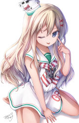 Rule 34 | 1girl, anchor, blonde hair, blue eyes, bow, dress, grecale (kancolle), hair bow, highres, kantai collection, long hair, low-cut armhole, makina00, minibow, multiple hair bows, neckerchief, one eye closed, pink bow, sailor collar, sailor dress, side-tie dress, sitting, sleeveless, sleeveless dress, smile, solo, striped neckerchief, tongue, tongue out, wariza, wavy hair, white dress, white sailor collar