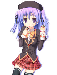 Rule 34 | 1girl, :p, bad id, bad pixiv id, blazer, blue hair, breast padding, cowboy shot, crepe, food, gradient hair, hat, highres, hofuna umi, jacket, male focus, multicolored hair, ochinsama, original, plaid, plaid skirt, purple eyes, purple hair, school uniform, short twintails, simple background, skirt, solo, thighhighs, tongue, tongue out, trap, twintails, two side up, zettai ryouiki